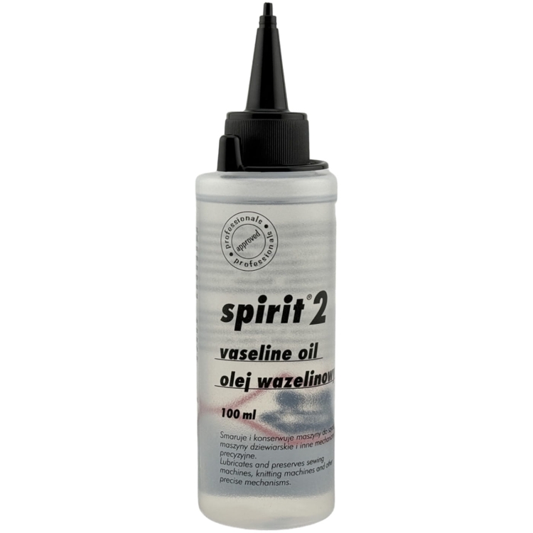 Olej wazelinowy Spirit 2 w butelce 100 ml z precyzyjnym aplikatorem. Przezroczysta, plastikowa butelka z czarną nakrętką. Widoczne napisy: spirit 2, vaseline oil, olej wazelinowy. Produkt przeznaczony do smarowania maszyn do szycia.