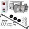 Silnik KRAFFT KFS-1000A 1000W z kontrolerem prędkości, metalowa obudowa, widoczna wałek, elementy montażowe (śruby, nakrętki, podkładki), cztery gumowe uszczelki, kabel zasilający, na białym tle.