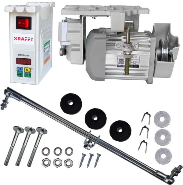 Silnik KRAFFT KFS-1000A 1000W z kontrolerem prędkości, metalowa obudowa, widoczna wałek, elementy montażowe (śruby, nakrętki, podkładki), cztery gumowe uszczelki, kabel zasilający, na białym tle.