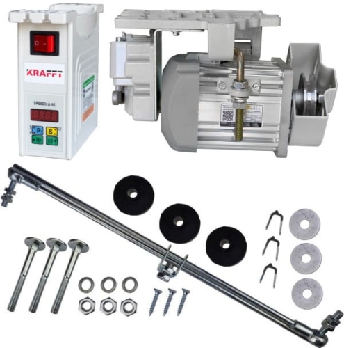 Silnik KRAFFT KFS-1500A 1500W z uniwersalnym serwonapędem. W zestawie kontroler z wyświetlaczem, silnik z metalową obudową, metalowy wał, podkładki, śruby, nakrętki oraz elementy montażowe. Całość na białym tle.