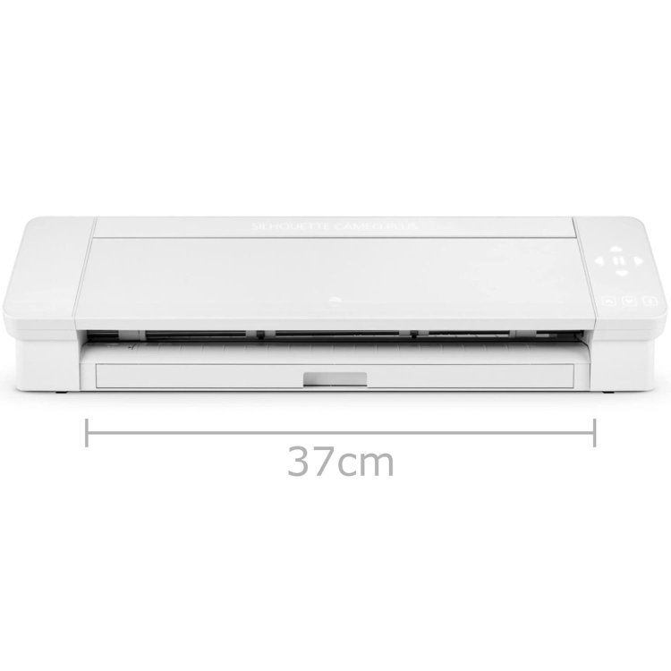 Ploter tnący Silhouette Cameo 4 Plus w kolorze białym, o szerokości 37 cm. Ujęcie frontalne, z widocznymi przyciskami sterującymi i otwartą szufladą. Idealny do precyzyjnego cięcia materiałów.