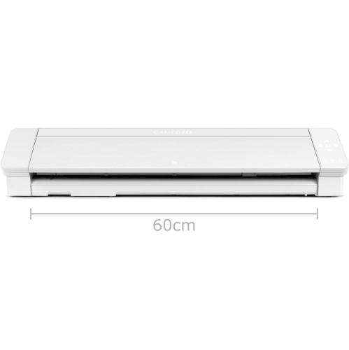 Ploter Silhouette Cameo 4 Pro w kolorze białym, o długości 60 cm, leżący na płasko. Widoczny panel sterujący z przyciskami. Produkt idealny do precyzyjnego cięcia materiałów. Tło jednolite, co podkreśla jego kształt i funkcjonalność.