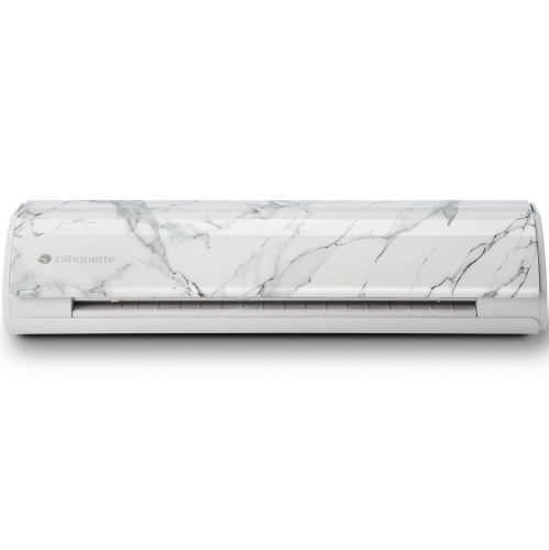 Ploter tnący Silhouette Cameo 5 w marmurowym wzorze, z gładką, błyszczącą powierzchnią. Frontalne ujęcie ukazuje logo marki oraz mechanizm cięcia. Produkt leży na płaskiej powierzchni, na białym tle. Do precyzyjnego cięcia papieru i innych materiałów.