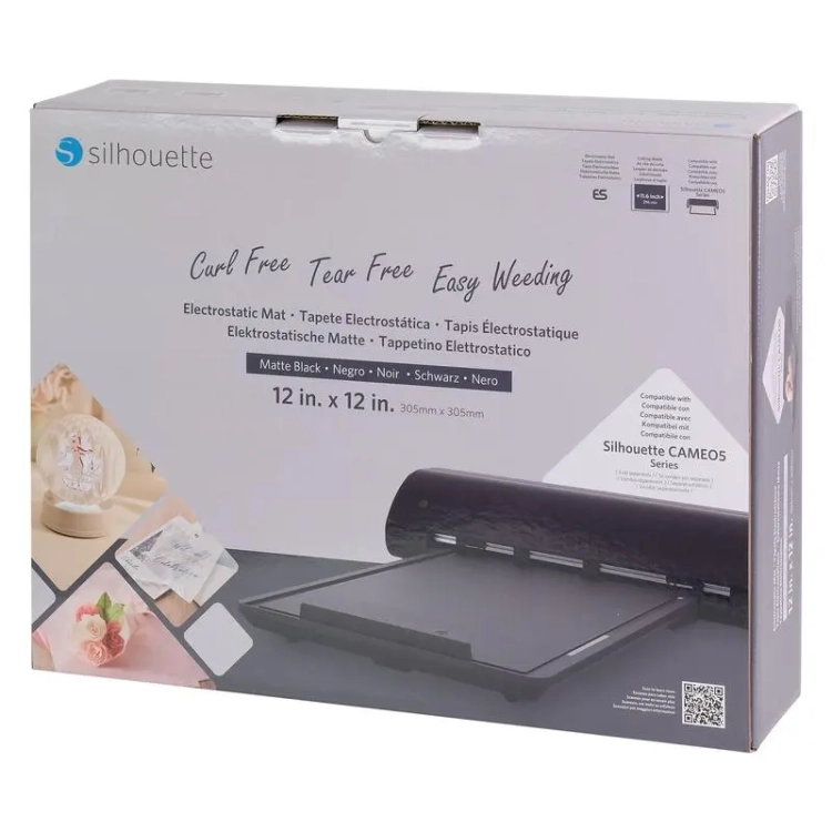 Platforma elektrostatyczna w kolorze matowej czerni, przeznaczona do plotera Silhouette Cameo 5. Wymiary 12 x 12 cali (305 mm x 305 mm). Opakowanie przedstawia produkt z widocznymi napisami i ikonami na szarym tle.