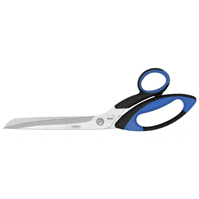 Nożyce krawieckie Kretzer Finny Profi 774530 o długości 30 cm. Stalowe ostrza z wykończeniem w kolorze srebrnym, ergonomiczne uchwyty z czarno-niebieską powłoką. Ujęcie z boku, pokazujące całą długość nożyc.