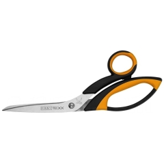 Nożyczki krawieckie Kretzer Finny Tec XX 742020 o długości 20 cm, z ostrzami ze stali nierdzewnej, z ergonomicznymi, czarno-pomarańczowymi uchwytami. Ujęcie frontalne, ukazujące pełny kształt nożyczek.