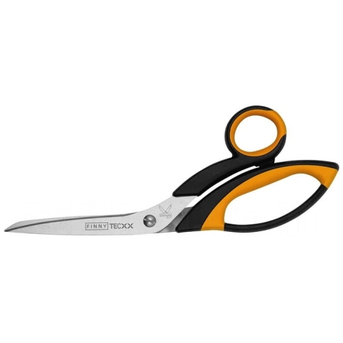 Nożyczki krawieckie Kretzer Finny Tec XX 742020 o długości 20 cm, z ostrzami ze stali nierdzewnej, z ergonomicznymi, czarno-pomarańczowymi uchwytami. Ujęcie frontalne, ukazujące pełny kształt nożyczek.
