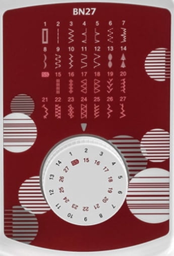 Panel maszyny do szycia Brother BN27 w kolorze czerwonym. Widoczne oznaczenia ściegów oraz pokrętło do wyboru ściegów. Grafika z okręgami i liniami. Numery ściegów od 1 do 27 umieszczone nad pokrętłem.