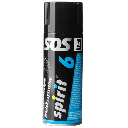 Czarny spray 400ml Spirit 6, z wyraźnym niebieskim napisem spirit oraz logo SOS. Pojemnik z czarną nakrętką, z etykietą zawierającą informacje o zastosowaniu środka czyszczącego. Produkt w pozycji stojącej na białym tle.
