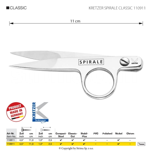Obcinaczki do nici Kretzer Spirale Classic 110911, niklowane, wygięte, długość 11 cm. Ostre ostrza, uchwyt z okrągłym otworem. Widoczny napis SPIRALE i logo Kretzer. Produkt wykonany ze stali, idealny do precyzyjnego cięcia.
