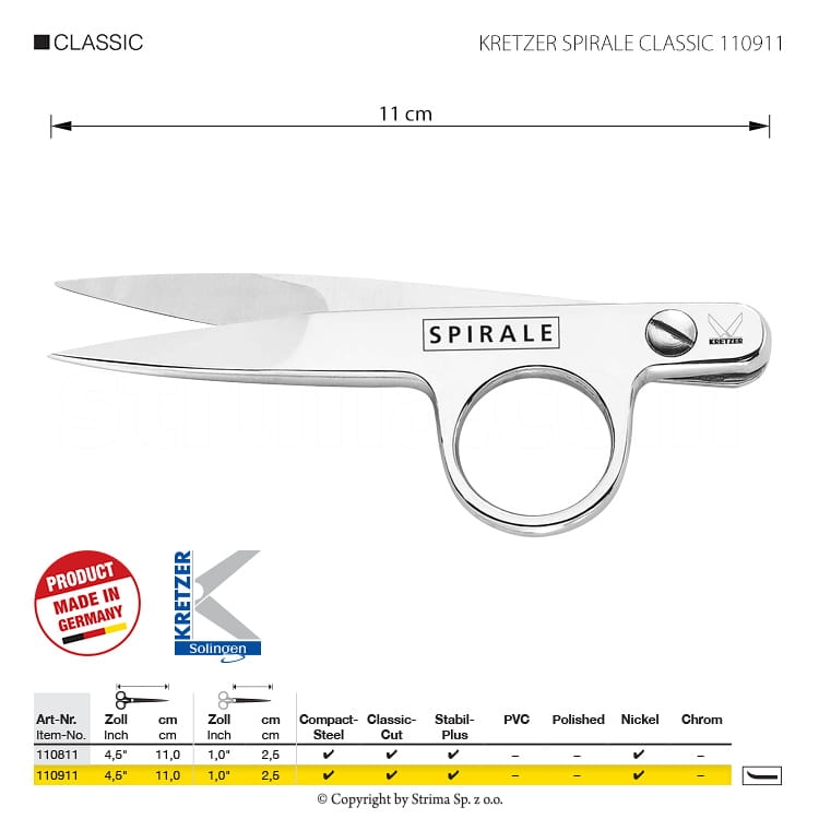 Obcinaczki do nici Kretzer Spirale Classic 110911, niklowane, wygięte, długość 11 cm. Ostre ostrza, uchwyt z okrągłym otworem. Widoczny napis SPIRALE i logo Kretzer. Produkt wykonany ze stali, idealny do precyzyjnego cięcia.