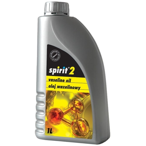 Olej wazelinowy Spirit 2 w butelce 1L, o kształcie ergonomicznej, szarej butelki z czarną nakrętką. Etykieta zawiera napisy olej wazelinowy i spirit 2 na tle żółtej grafiki. Widoczne detale chemiczne w kolorze złotym.