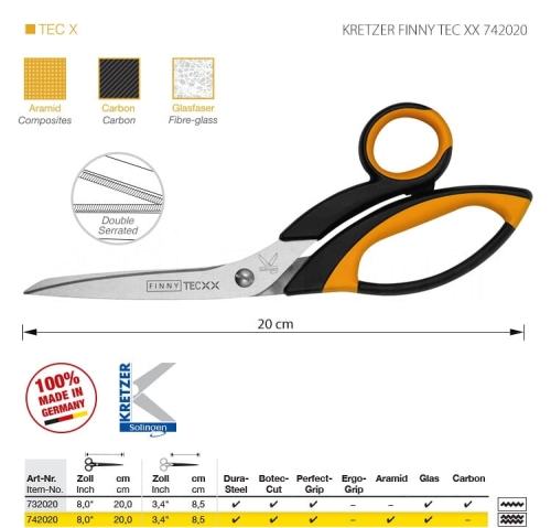 Nożyczki krawieckie Kretzer Finny Tec XX 742020 o długości 20 cm z podwójnym ząbkowaniem. Ostrza ze stali Dura-Steel, ergonomiczne uchwyty z czarno-pomarańczowym wykończeniem. Produkt wykonany w Niemczech, idealny do tkanin aramidowych i węglowych.