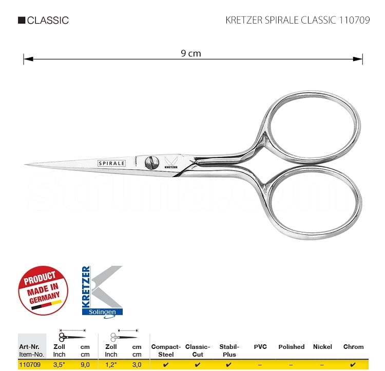 Nożyczki do nitek i haftu Kretzer Spirale Classic 110709 o długości 9 cm, z polerowanej stali, z ergonomicznymi uchwytami. Widoczny napis SPIRALE na ostrzu. Produkt wykonany w Niemczech, z precyzyjnym cięciem.