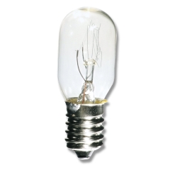 Żarówka z gwintem E14 o mocy 15W, z przezroczystą bańką, ukazującą włókno wewnętrzne. Produkt widoczny z boku, o cylindrycznym kształcie z metalowym gwintem na dole. Idealna do maszyn do szycia.
