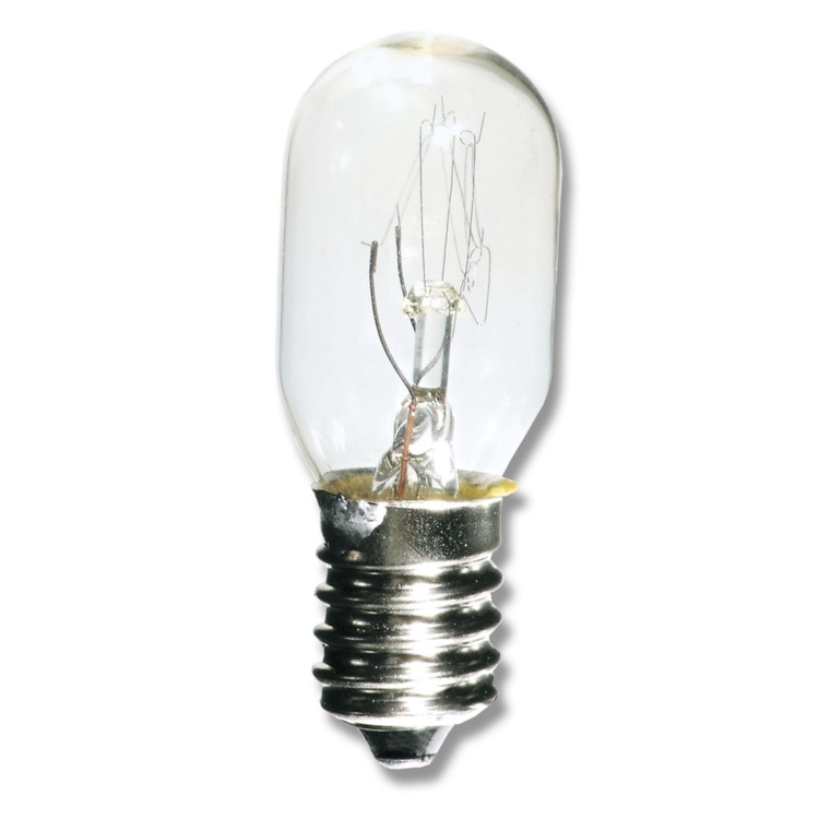 Żarówka z gwintem E14 o mocy 15W, z przezroczystą bańką, ukazującą włókno wewnętrzne. Produkt widoczny z boku, o cylindrycznym kształcie z metalowym gwintem na dole. Idealna do maszyn do szycia.