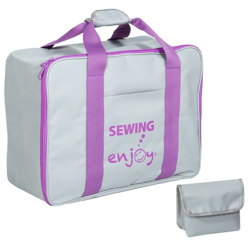Torba na maszynę do szycia w kolorze szaro-fioletowym, z uchwytami i zamkiem błyskawicznym, z widocznym napisem SEWING enjoy. Obok znajduje się mniejsza, szara saszetka. Produkt stoi na białym tle.