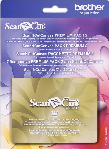 ScanNCut Canvas Premium Pack 2, zawierający 25 wzorów, z logo Brother na tle w odcieniach fioletu i złota. Widoczny tekst w różnych językach informuje o funkcji zaawansowanego śledzenia obrazów. Produkt umieszczony na jednolitym tle.
