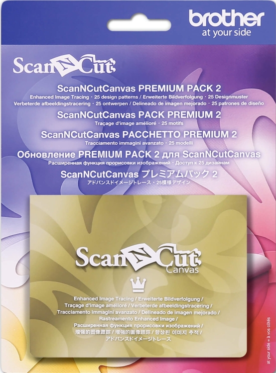 ScanNCut Canvas Premium Pack 2, zawierający 25 wzorów, z logo Brother na tle w odcieniach fioletu i złota. Widoczny tekst w różnych językach informuje o funkcji zaawansowanego śledzenia obrazów. Produkt umieszczony na jednolitym tle.