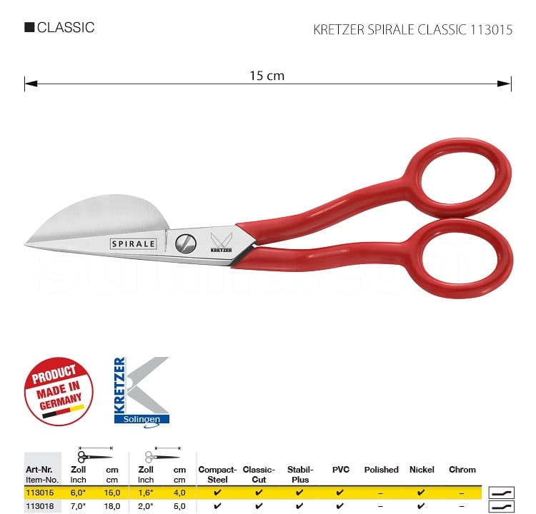 Nożyczki hafciarskie Kretzer Spirale Classic 113015, długość 15 cm, z metalowymi ostrzami i czerwonymi, okrągłymi uchwytami. Ostre ostrze w kształcie półokręgu, idealne do precyzyjnego cięcia. Produkt wykonany w Niemczech.