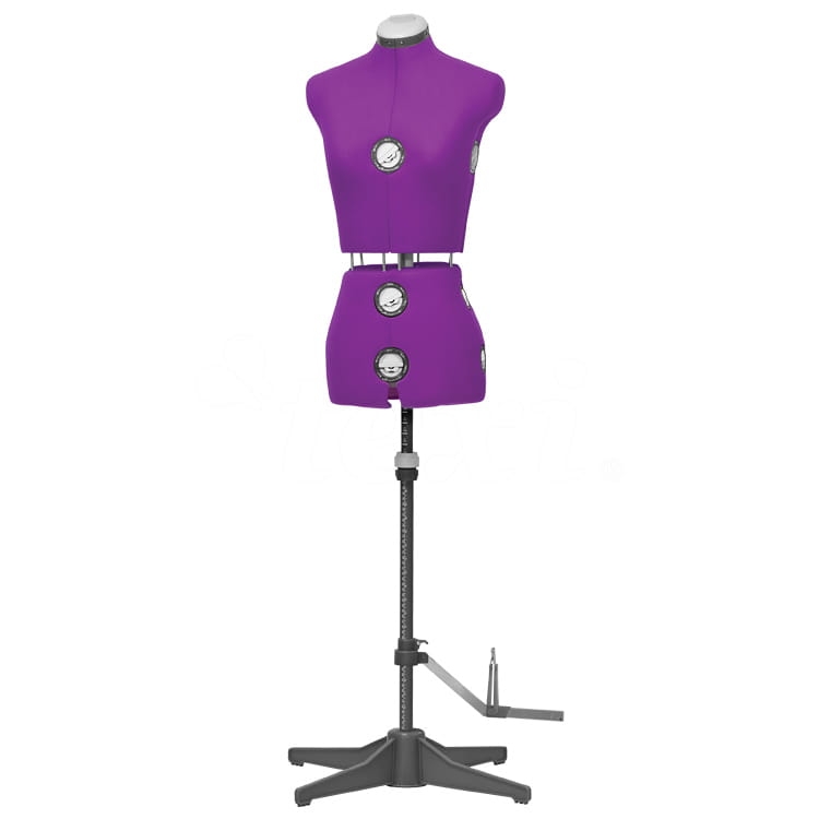 Manekin krawiecki Texi Dress Form w kolorze fioletowym, regulowany, z widocznymi pokrętłami na bokach. Ustawiony w pozycji stojącej, na stabilnej podstawie. Odpowiedni dla rozmiarów 36-42, idealny do szycia i przymiarek.