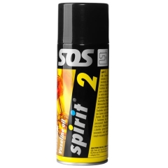 Olej wazelinowy do maszyny do szycia w sprayu 400 ml Spirit 2. Pojemnik z ciemnym korkiem, etykieta w czerni i żółci, widoczne napisy SPIRIT 2 i Vaselin oil. Produkt stojący, z boku, na jednolitym tle.