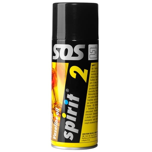 Olej wazelinowy do maszyny do szycia w sprayu 400 ml Spirit 2. Pojemnik z ciemnym korkiem, etykieta w czerni i żółci, widoczne napisy SPIRIT 2 i Vaselin oil. Produkt stojący, z boku, na jednolitym tle.