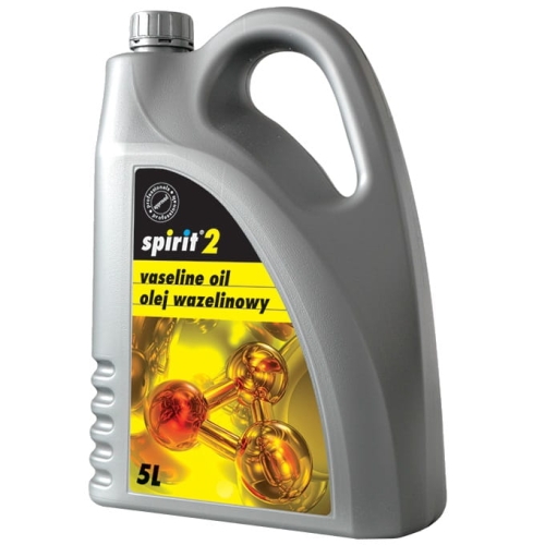 Olej wazelinowy Spirit 2 w opakowaniu 5l. Butelka w kolorze szarym z ergonomiczną rączką. Na etykiecie widoczny napis vaseline oil oraz olej wazelinowy, z grafiką przedstawiającą cząsteczki.