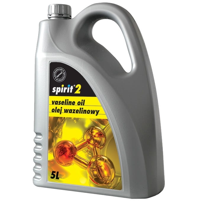 Olej wazelinowy Spirit 2 w opakowaniu 5l. Butelka w kolorze szarym z ergonomiczną rączką. Na etykiecie widoczny napis vaseline oil oraz olej wazelinowy, z grafiką przedstawiającą cząsteczki.