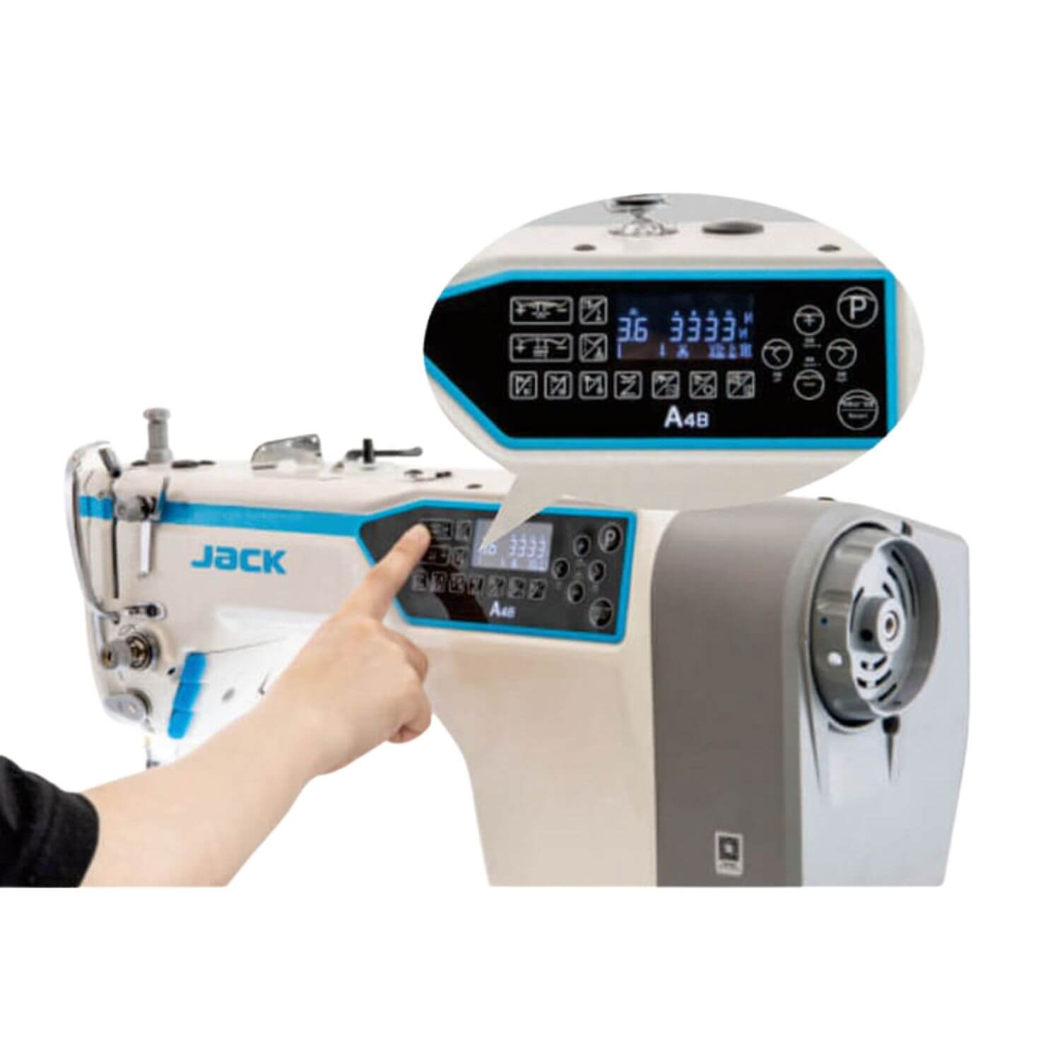 Automatyczne funkcje stebnówki JACK A4B-A-CHL-7 do szycia seryjnego