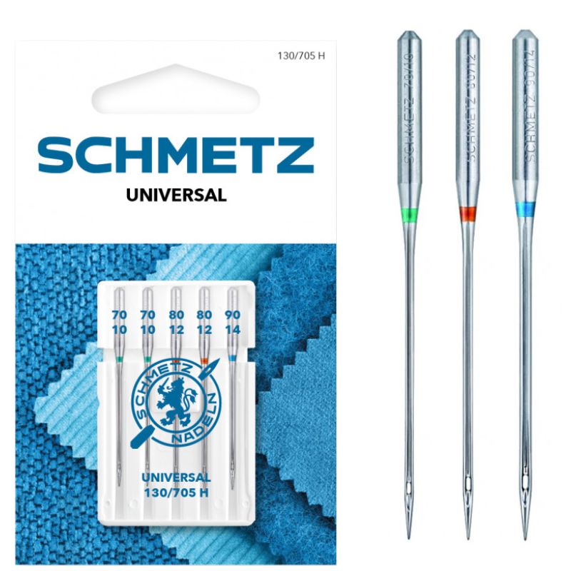 Igły półpłaskie Schmetz 130/705H w zestawie 5 sztuk, w rozmiarach 70, 80, 90. W opakowaniu widoczne logo Schmetz oraz oznaczenia rozmiarów na igłach, które są metaliczne i mają kolorowe końcówki (zielona, pomarańczowa, niebieska).