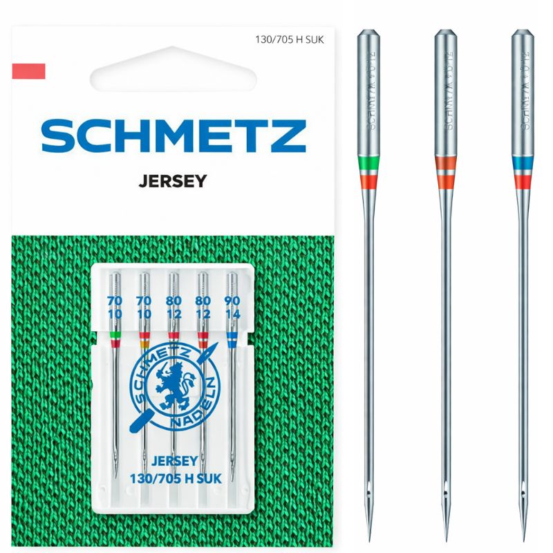 Igły półpłaskie Schmetz 130/705H SUK do jerseyu, zestaw 5 sztuk, w rozmiarach 70, 80 i 90. Opakowanie z przezroczystą pokrywką, widoczne numery rozmiarów oraz logo Schmetz. Tło w zielonym kolorze, imitujące jersey.