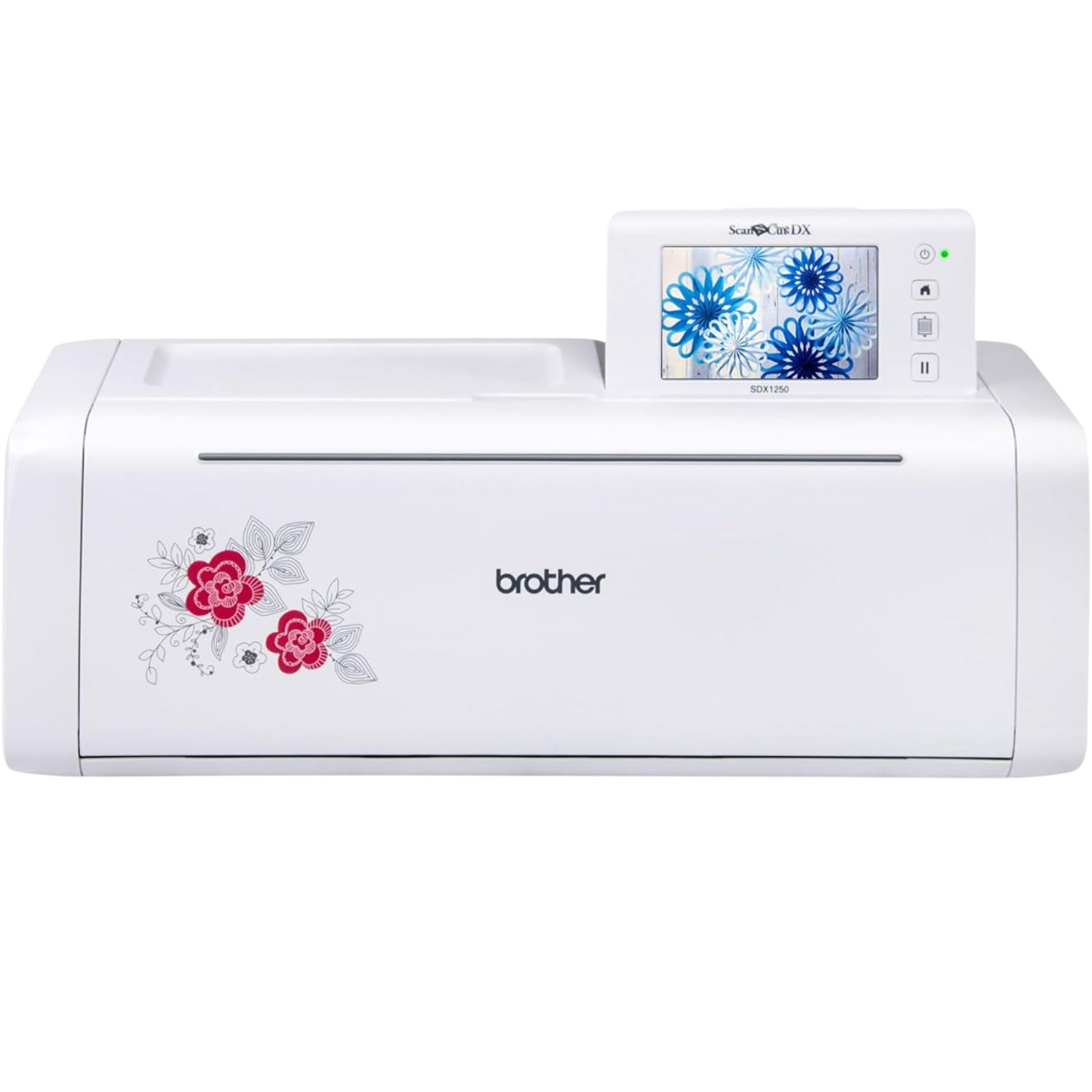 Ploter tnący Brother ScanNCut SDX1250 w kolorze białym z różowym wzorem kwiatowym. Górny panel z wyświetlaczem dotykowym pokazującym opcje „Wzór”, „Skan”, „Tekst”. Produkt leży płasko, gotowy do użycia, z widocznymi elementami sterującymi.