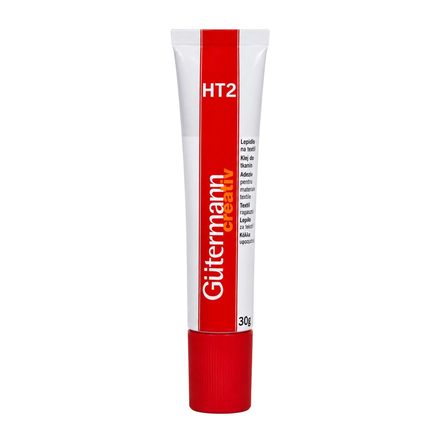 Tubka kleju Gutermann HT2 30 g pokazana na białym tle. Zdjęcie wyraźnie prezentuje smukłe opakowanie, czerwono-białą etykietę, oznaczenie HT2 oraz precyzyjną formę produktu do klejenia tkanin.