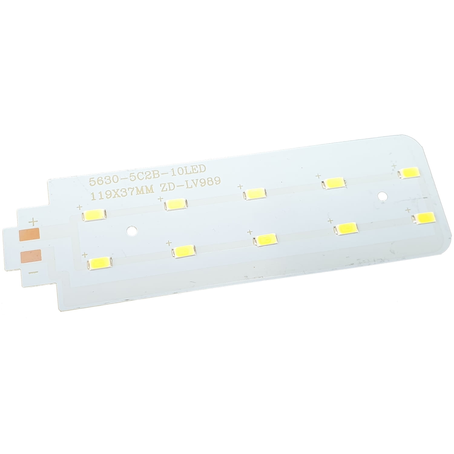 Wymienna listwa LED PCB do lampki HAIMU HM-99TS, długość 119 mm i szerokość 37 mm, z dziesięcioma diodami LED umieszczonymi w równych odstępach. Biała, przezroczysta płytka z oznaczeniem technicznym i stykami do podłączenia.