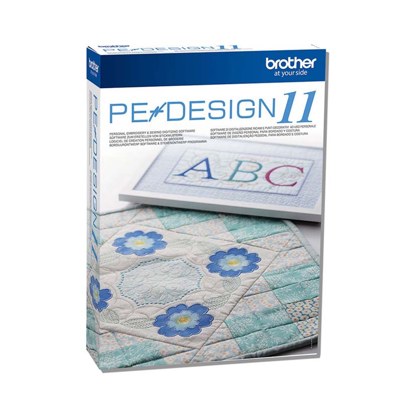 Oprogramowanie Brother PE-Design 11 do projektowania haftów, w opakowaniu. Na górnej części widoczny zarys projektu z literami ABC, na dole przykład haftu z niebieskimi kwiatami na jasnym tle. Logo Brother na górze opakowania.